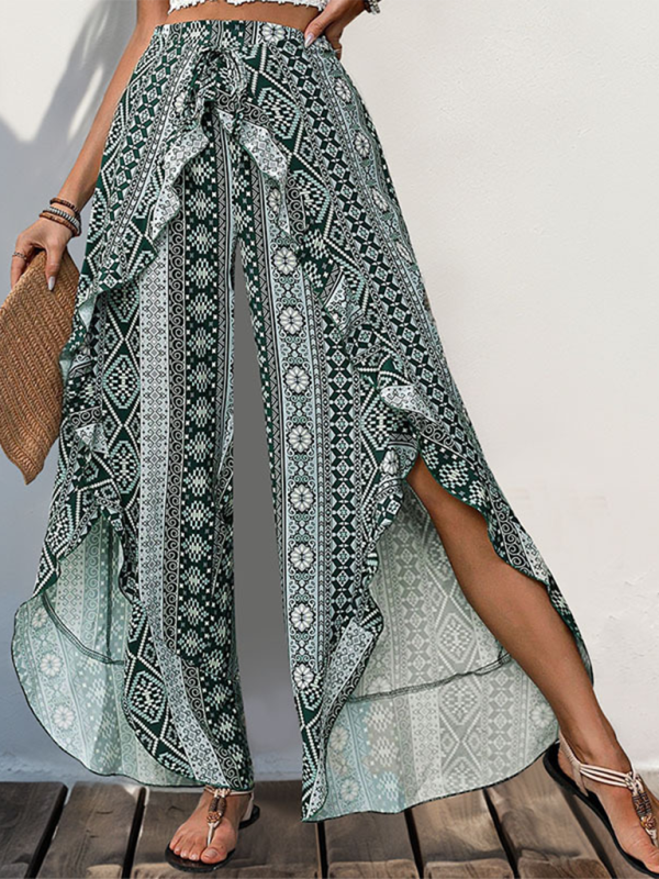 New arrival printed ruffled wide-leg trousers with slits-chiquechics