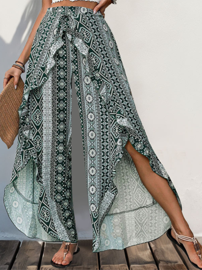 New arrival printed ruffled wide-leg trousers with slits-chiquechics