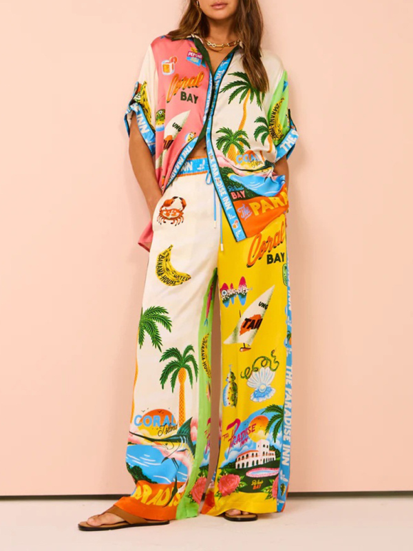 New fashion personality print short-sleeved color matching holiday leisure tie suit-chiquechics