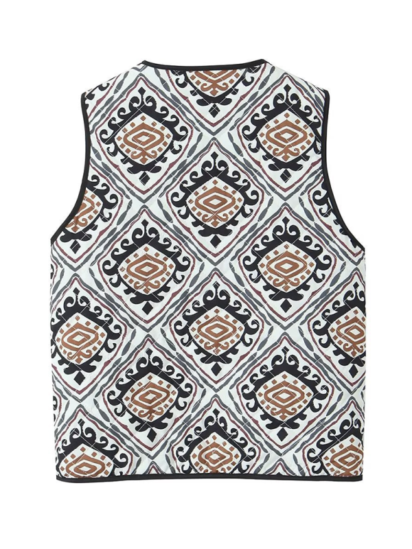 Ladies New Retro Printed Patch Pocket Quilted Cotton Vest-chiquechics