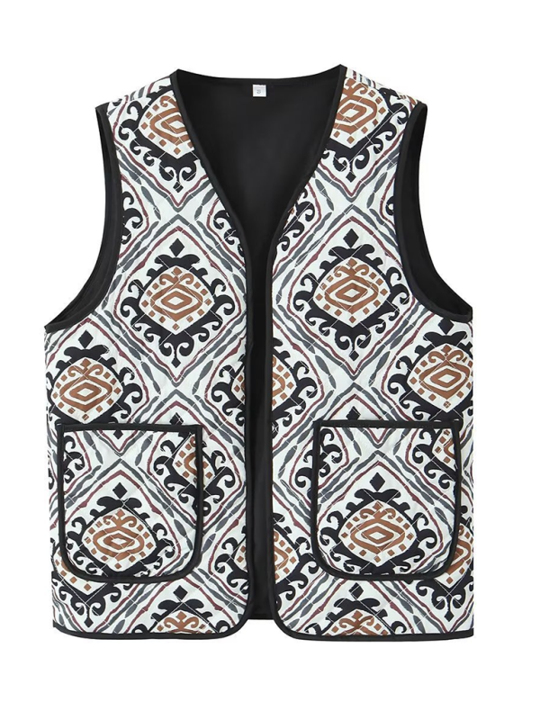 Ladies New Retro Printed Patch Pocket Quilted Cotton Vest-chiquechics