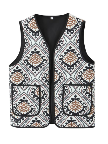 Ladies New Retro Printed Patch Pocket Quilted Cotton Vest-chiquechics