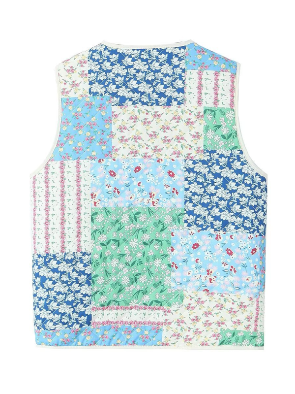 Ladies New Retro Printed Patch Pocket Quilted Cotton Vest-chiquechics
