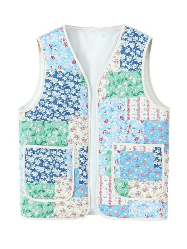 Ladies New Retro Printed Patch Pocket Quilted Cotton Vest-chiquechics