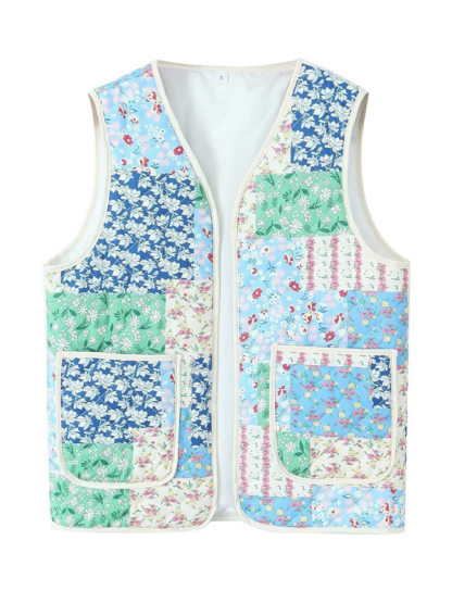 Ladies New Retro Printed Patch Pocket Quilted Cotton Vest-chiquechics