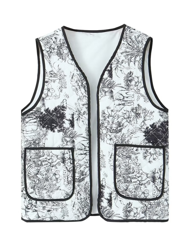 Ladies New Retro Printed Patch Pocket Quilted Cotton Vest-chiquechics
