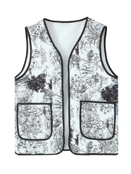 Ladies New Retro Printed Patch Pocket Quilted Cotton Vest-chiquechics