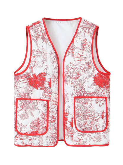 Ladies New Retro Printed Patch Pocket Quilted Cotton Vest-chiquechics