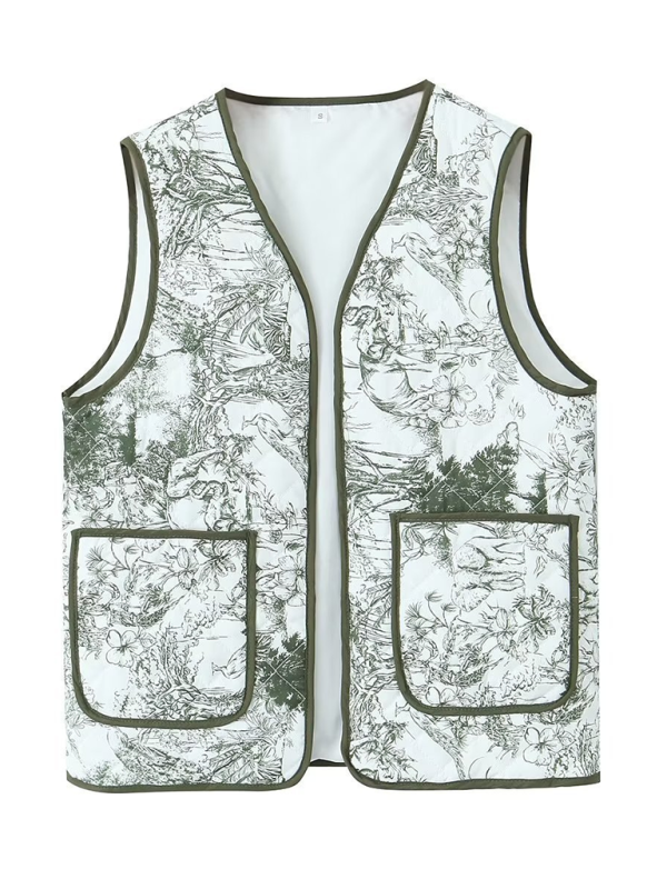 Ladies New Retro Printed Patch Pocket Quilted Cotton Vest-chiquechics