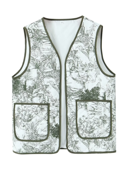 Ladies New Retro Printed Patch Pocket Quilted Cotton Vest-chiquechics