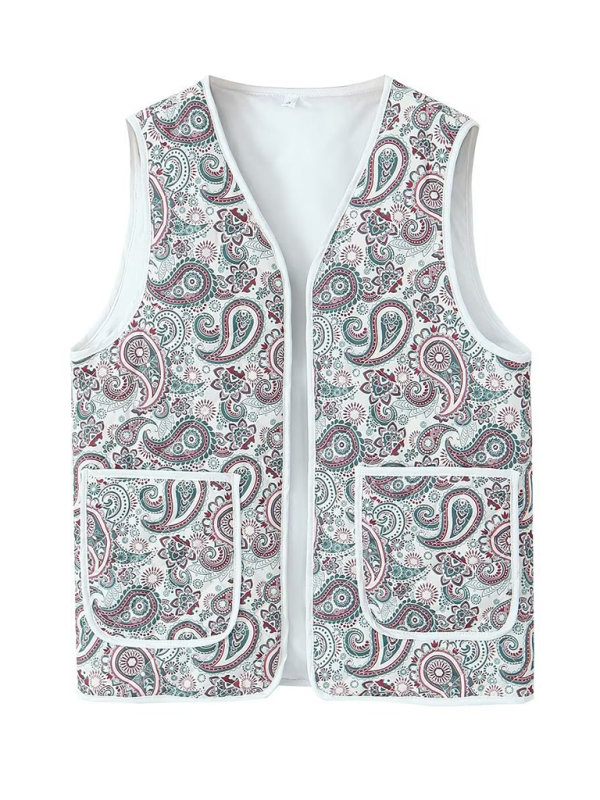 Ladies New Retro Printed Patch Pocket Quilted Cotton Vest-chiquechics