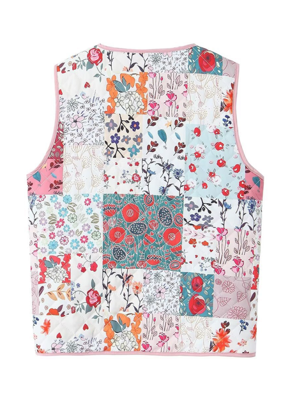 Ladies New Retro Printed Patch Pocket Quilted Cotton Vest-chiquechics