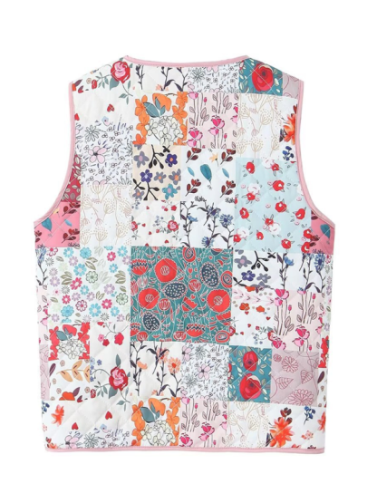 Ladies New Retro Printed Patch Pocket Quilted Cotton Vest-chiquechics