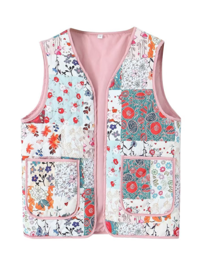 Ladies New Retro Printed Patch Pocket Quilted Cotton Vest-chiquechics