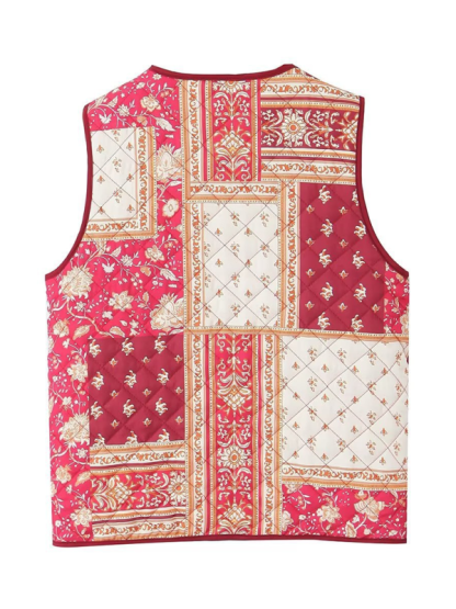 Ladies New Retro Printed Patch Pocket Quilted Cotton Vest-chiquechics