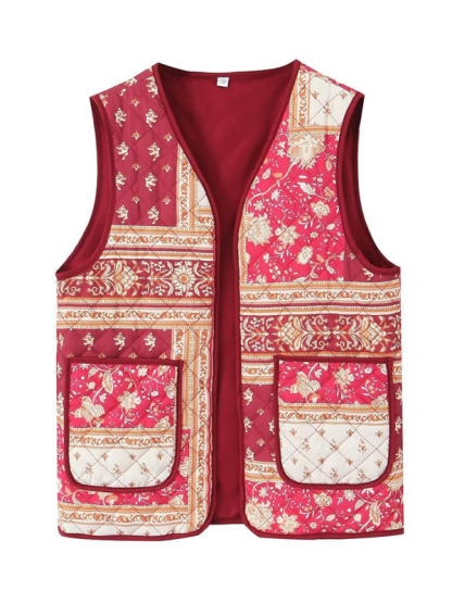 Ladies New Retro Printed Patch Pocket Quilted Cotton Vest-chiquechics