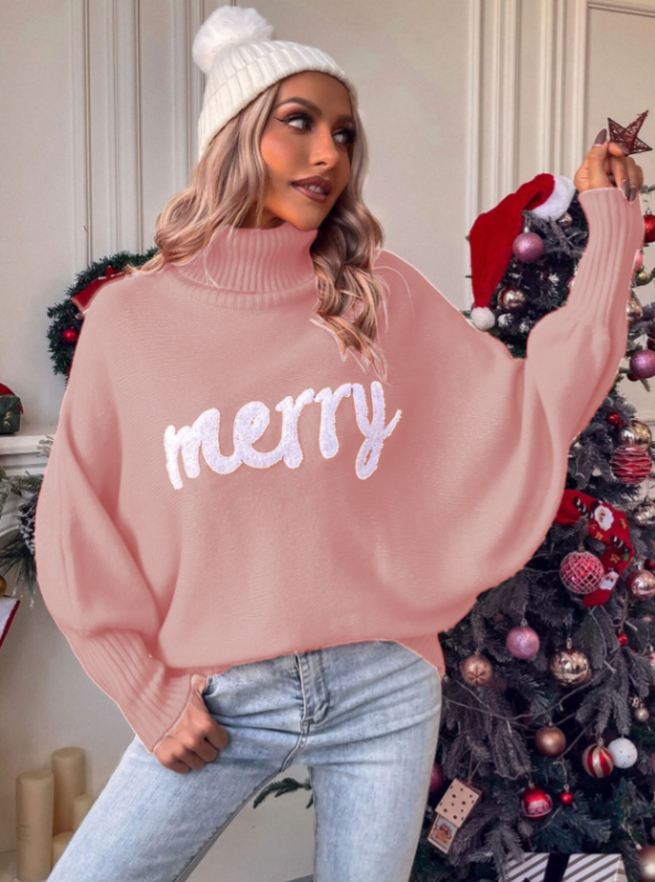 Christmas Autumn and Winter High Neck Loose Dolman Sleeve Letter Knitted Sweater Women's Top-chiquechics