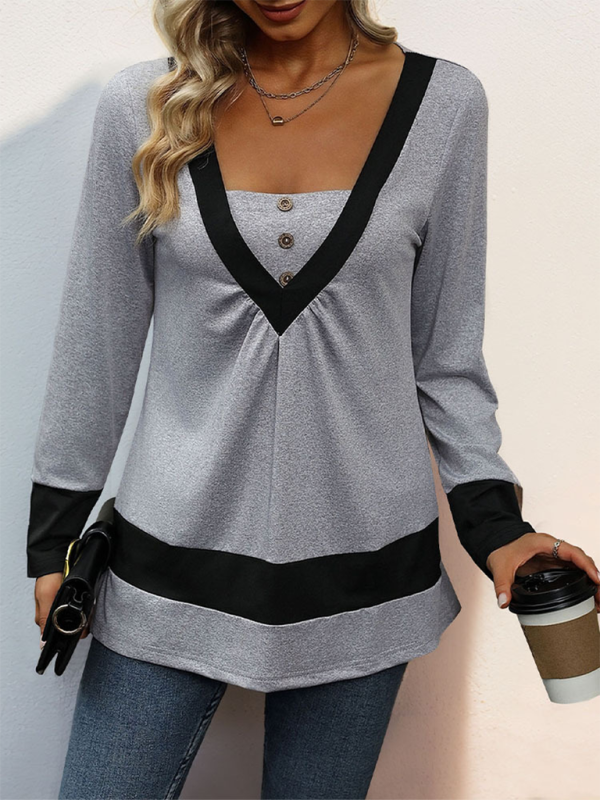 New simple solid color long-sleeved T-shirt color matching contrast casual home tops-chiquechics