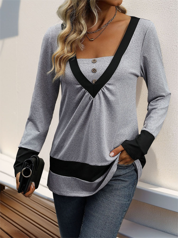 New simple solid color long-sleeved T-shirt color matching contrast casual home tops-chiquechics