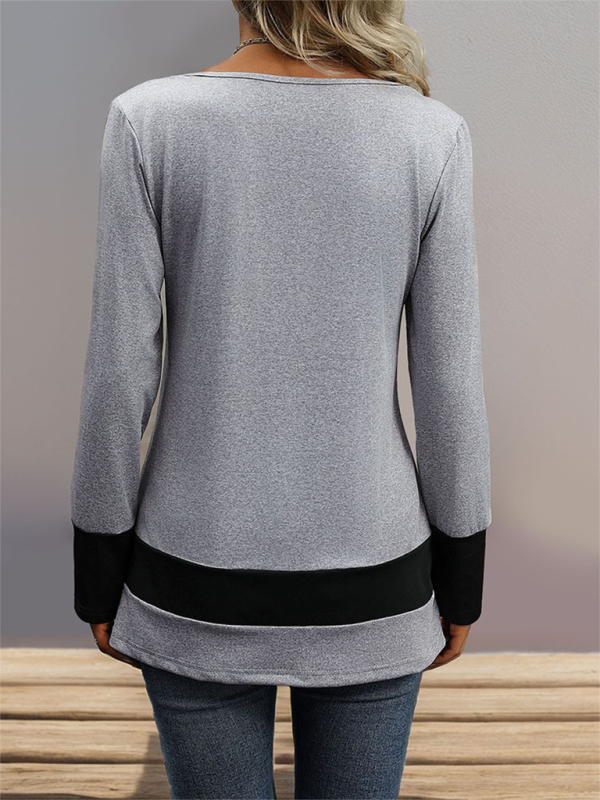 New simple solid color long-sleeved T-shirt color matching contrast casual home tops-chiquechics