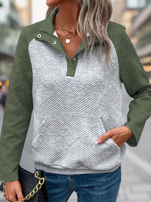 New contrast color stitching sweatshirt texture casual comfortable V-neck stand collar sweatshirt-chiquechics