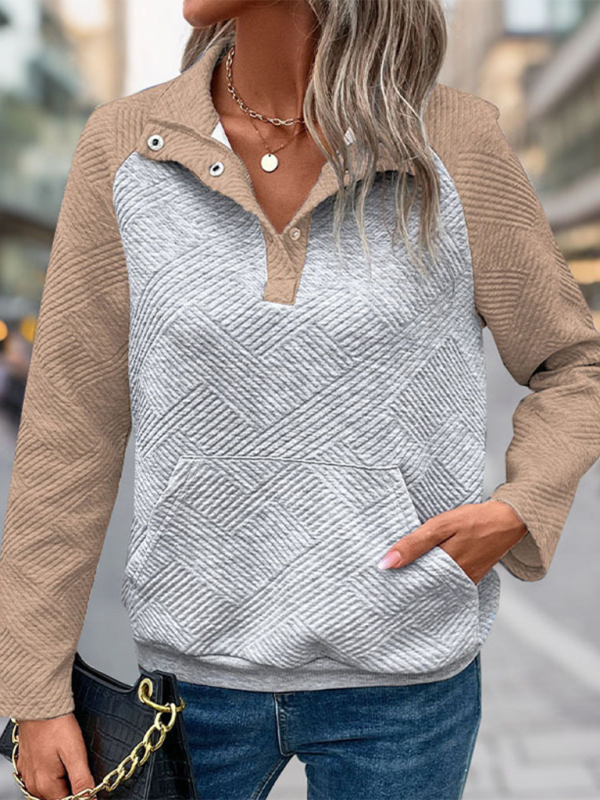 New contrast color stitching sweatshirt texture casual comfortable V-neck stand collar sweatshirt-chiquechics