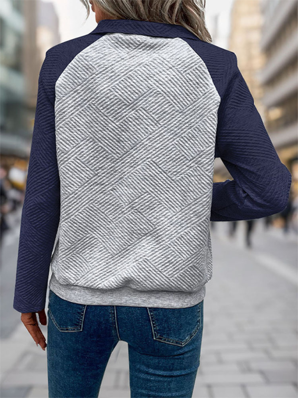 New contrast color stitching sweatshirt texture casual comfortable V-neck stand collar sweatshirt-chiquechics
