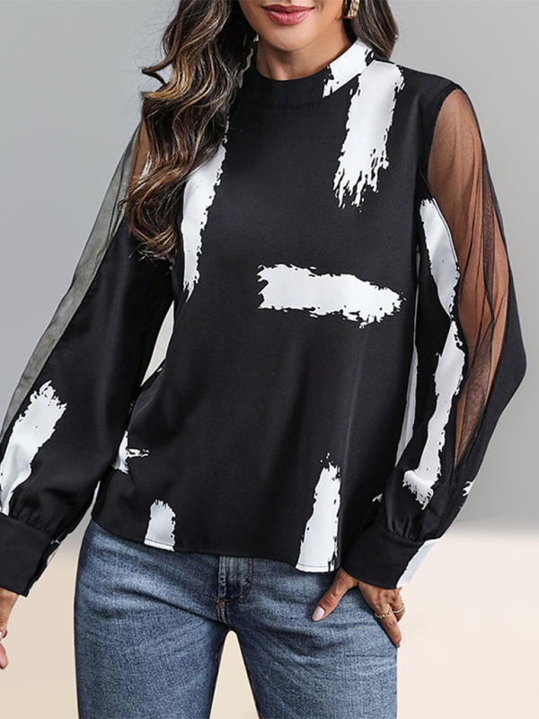 New Commuter Stand Collar Lace Stitching Long Sleeve Shirt-chiquechics