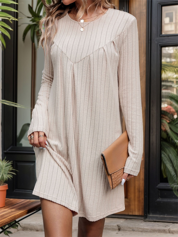 New style brushed striped knitted skirt long sleeve pleated patchwork dress-chiquechics