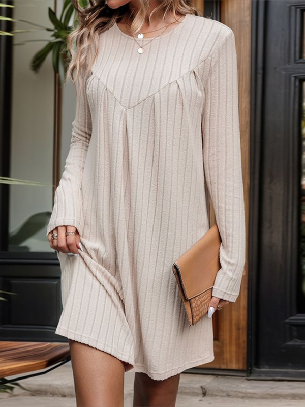 New style brushed striped knitted skirt long sleeve pleated patchwork dress-chiquechics