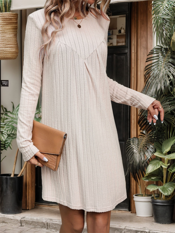 New style brushed striped knitted skirt long sleeve pleated patchwork dress-chiquechics