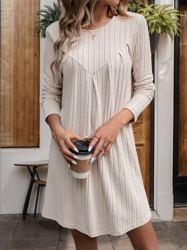 New style brushed striped knitted skirt long sleeve pleated patchwork dress-chiquechics