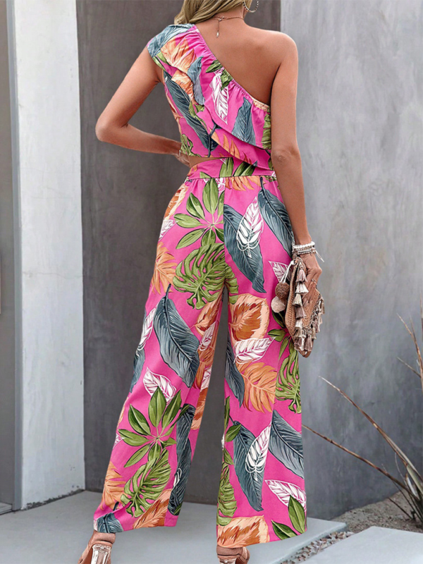 New style off-shoulder short contrast color contrast color print wide-leg pants two-piece set-chiquechics