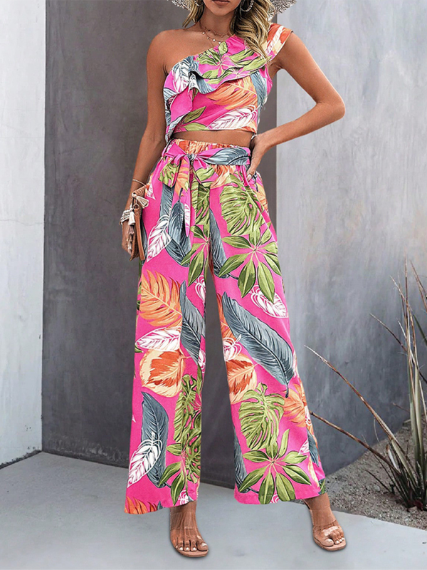 New style off-shoulder short contrast color contrast color print wide-leg pants two-piece set-chiquechics