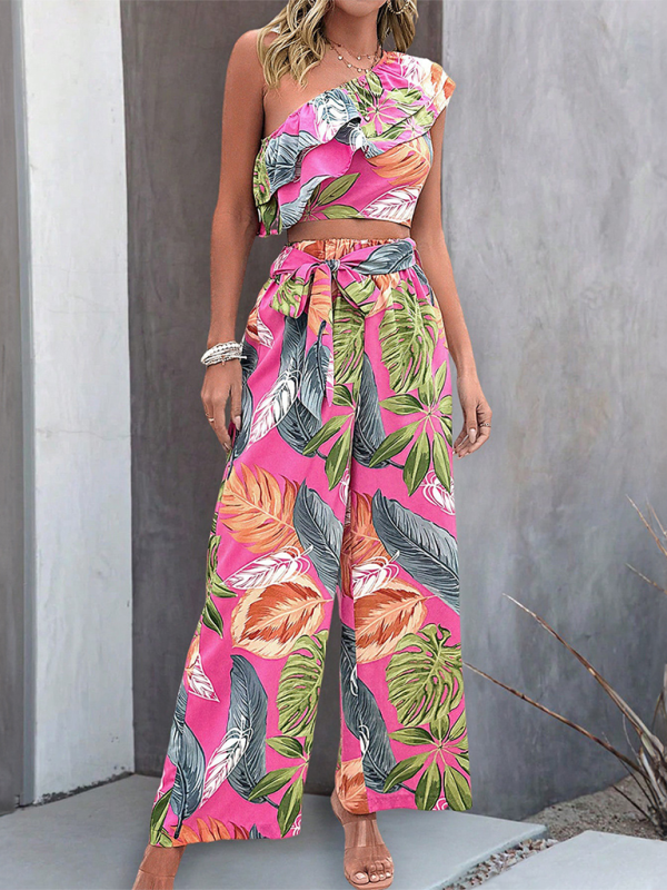 New style off-shoulder short contrast color contrast color print wide-leg pants two-piece set-chiquechics