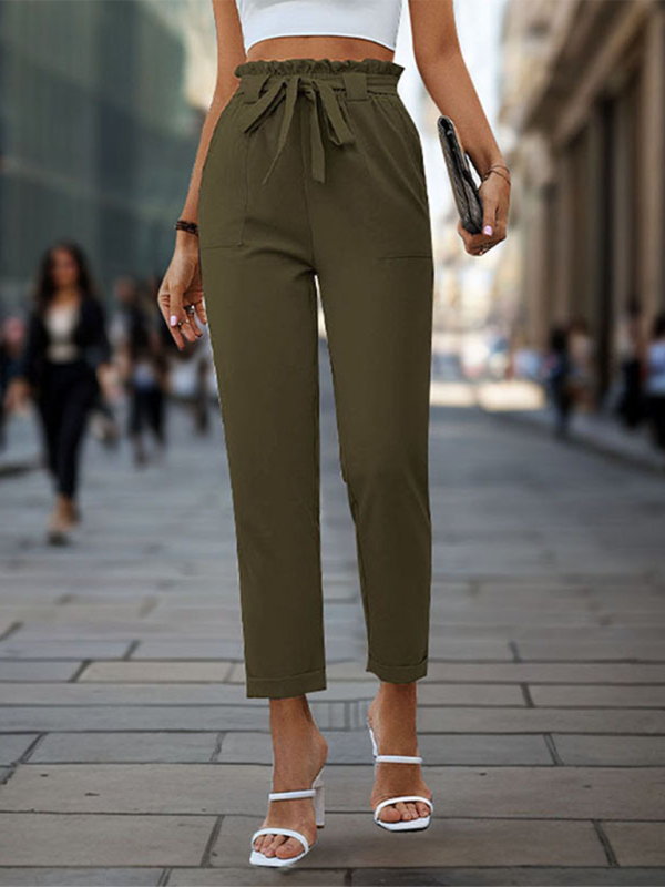 New solid color lace-up elastic waist trousers simple temperament commuter tapered trousers-chiquechics