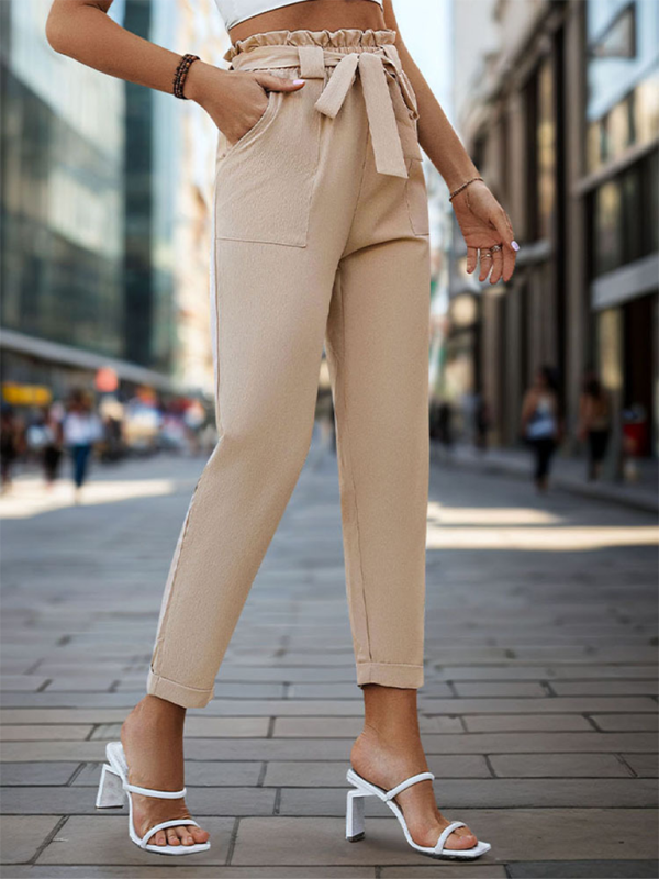 New solid color lace-up elastic waist trousers simple temperament commuter tapered trousers-chiquechics