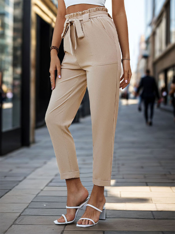 New solid color lace-up elastic waist trousers simple temperament commuter tapered trousers-chiquechics