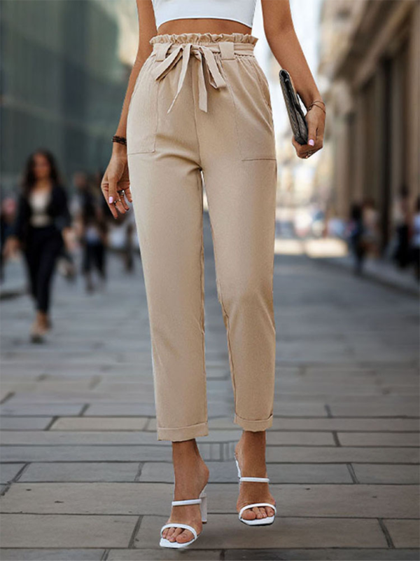 New solid color lace-up elastic waist trousers simple temperament commuter tapered trousers-chiquechics