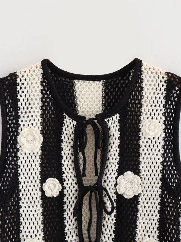 New patchwork hand-appliqué lace-up knitted vest-chiquechics