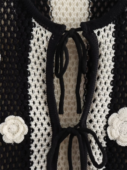 New patchwork hand-appliqué lace-up knitted vest-chiquechics