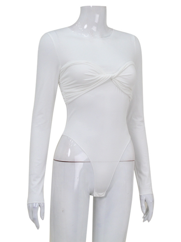 Women's Round Neck Long Sleeve Fashion Twist Pleated Sexy High Waist Bodysuit-chiquechics
