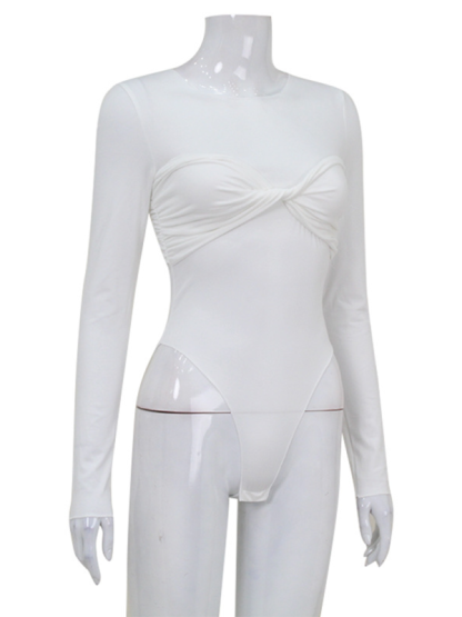 Women's Round Neck Long Sleeve Fashion Twist Pleated Sexy High Waist Bodysuit-chiquechics