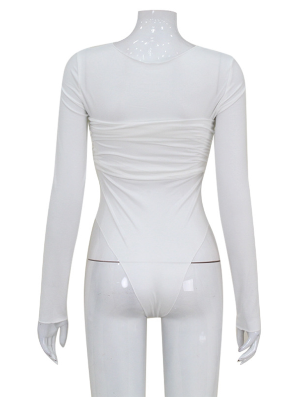 Women's Round Neck Long Sleeve Fashion Twist Pleated Sexy High Waist Bodysuit-chiquechics