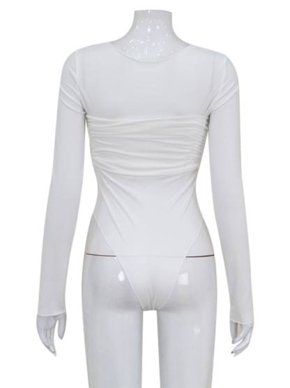 Women's Round Neck Long Sleeve Fashion Twist Pleated Sexy High Waist Bodysuit-chiquechics