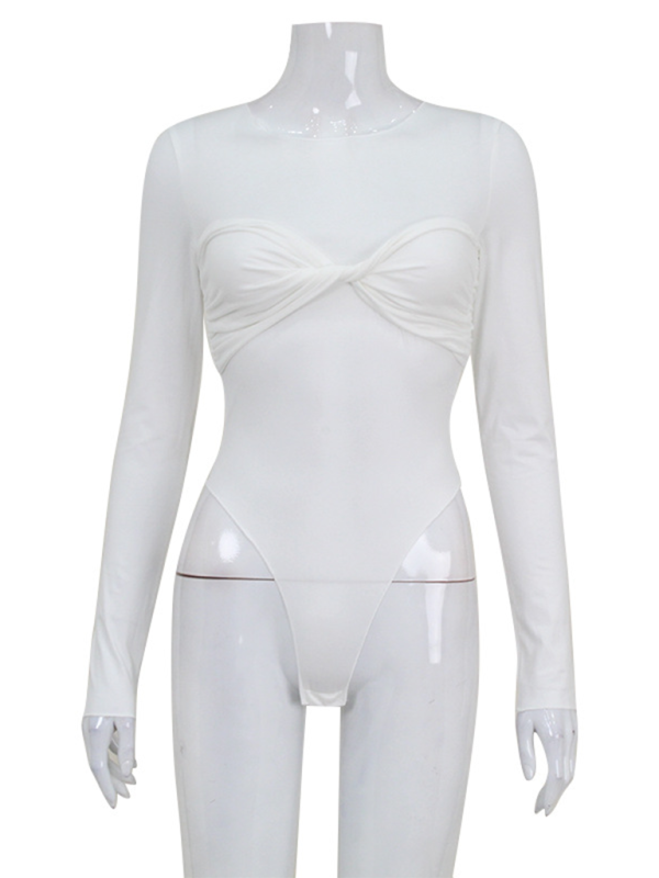 Women's Round Neck Long Sleeve Fashion Twist Pleated Sexy High Waist Bodysuit-chiquechics