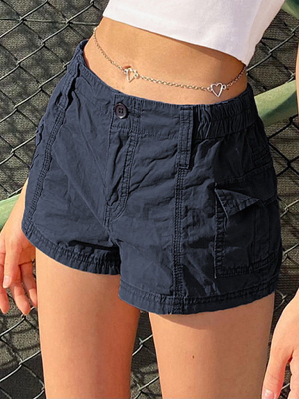 New hot girl street retro distressed low waist asymmetric pocket workwear casual shorts-chiquechics