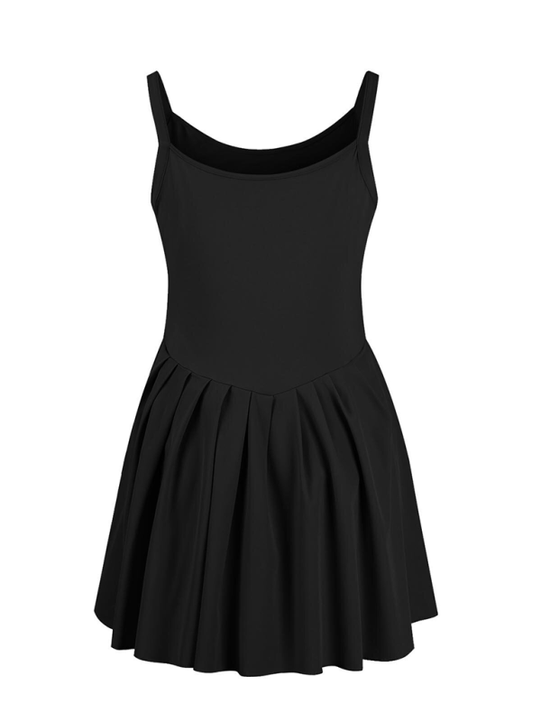 Ladies new style pocket solid color halter neck high waist two in one dress-chiquechics