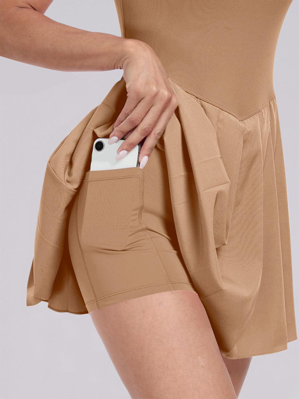 Ladies new style pocket solid color halter neck high waist two in one dress-chiquechics