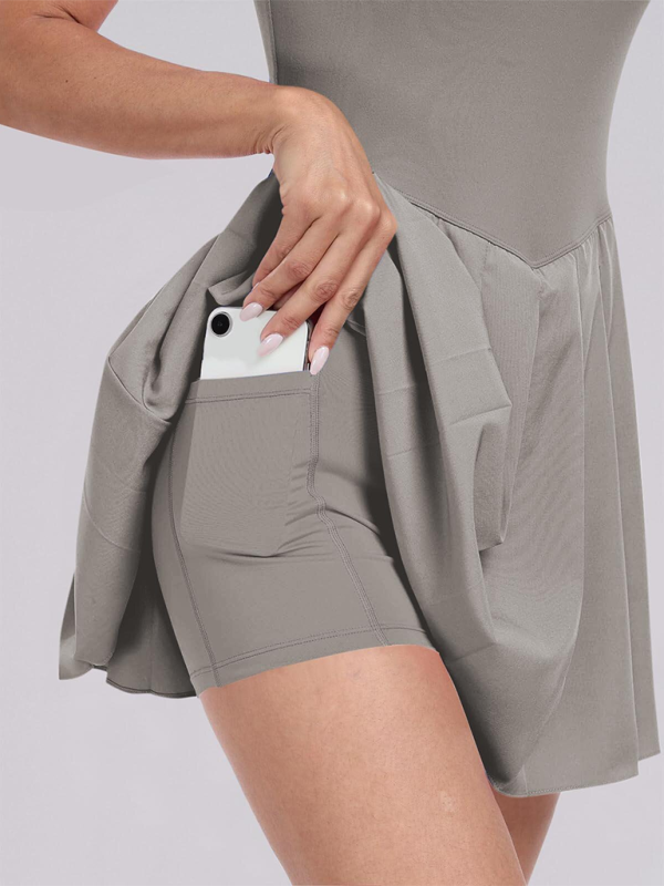 Ladies new style pocket solid color halter neck high waist two in one dress-chiquechics